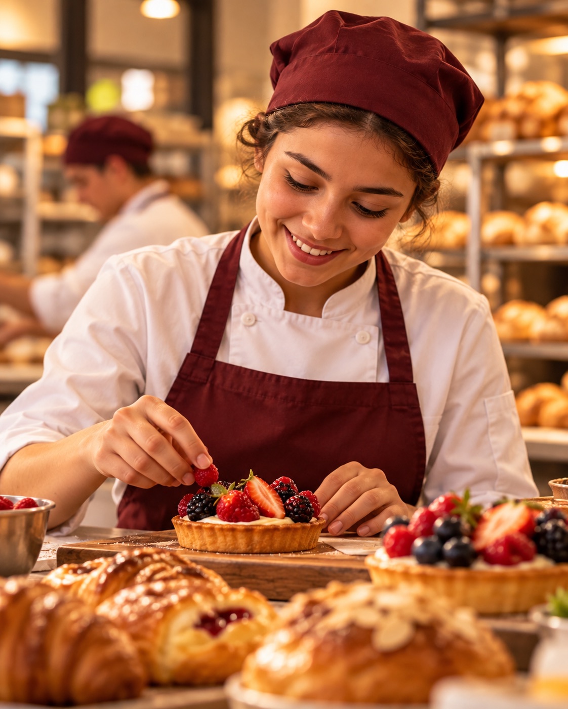 Jovem aprendiz finalizando tortas de frutas na confeitaria