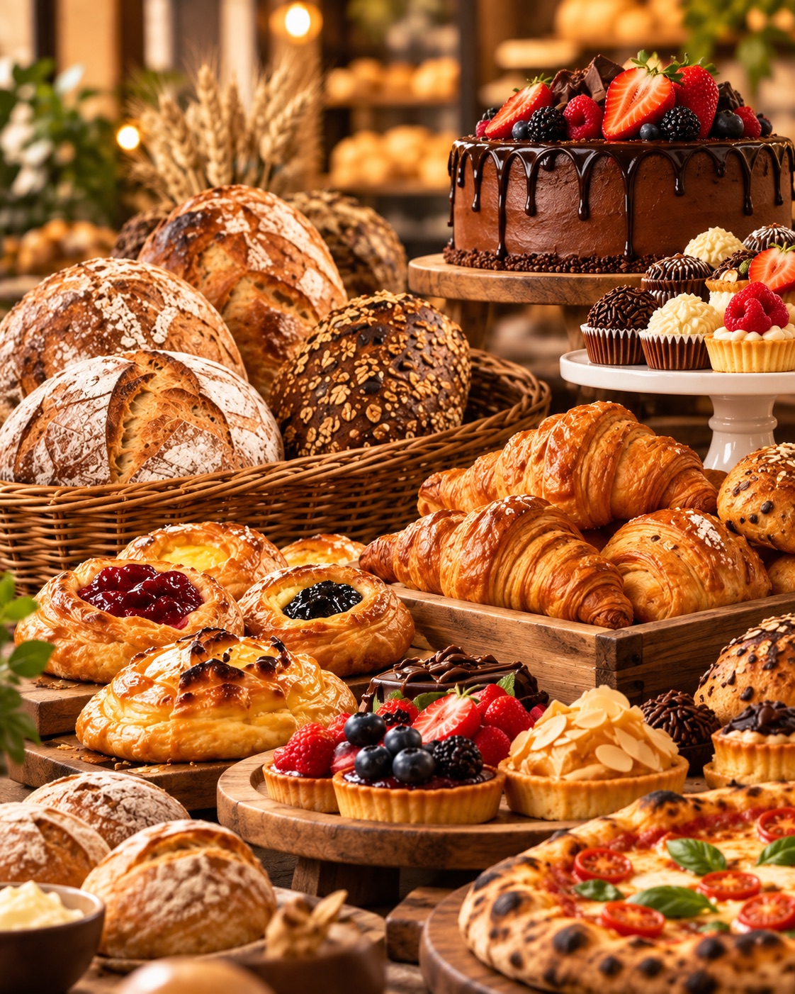 Pães, confeitaria e pizza em ambiente gastronômico